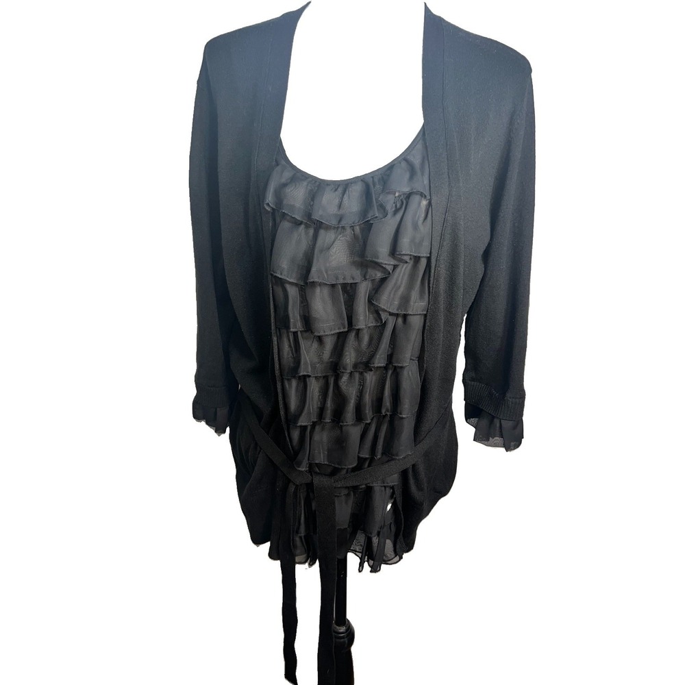 Tiana B. black layered ruffle Scoop Cami Attached Belted Cardigan Ruffle Cuff XL